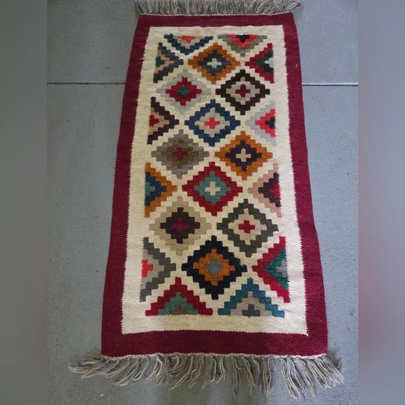 Double-Frame Red Bricks Kilim Wool Rug 52" x 26" Fringe - Picture 2 of 6